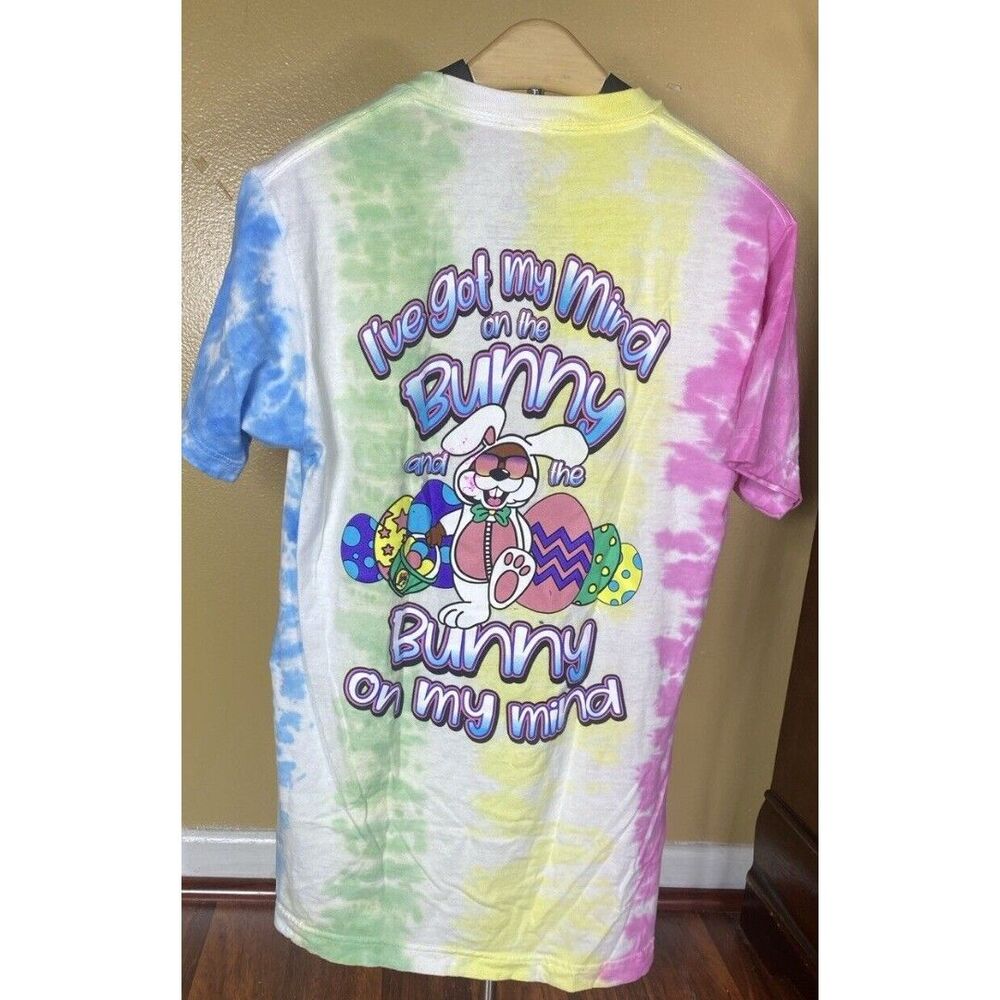 Bucees Bunny on My Mind Easter Shirt Adult Size S Tie Dye Eggs Short Sleeve